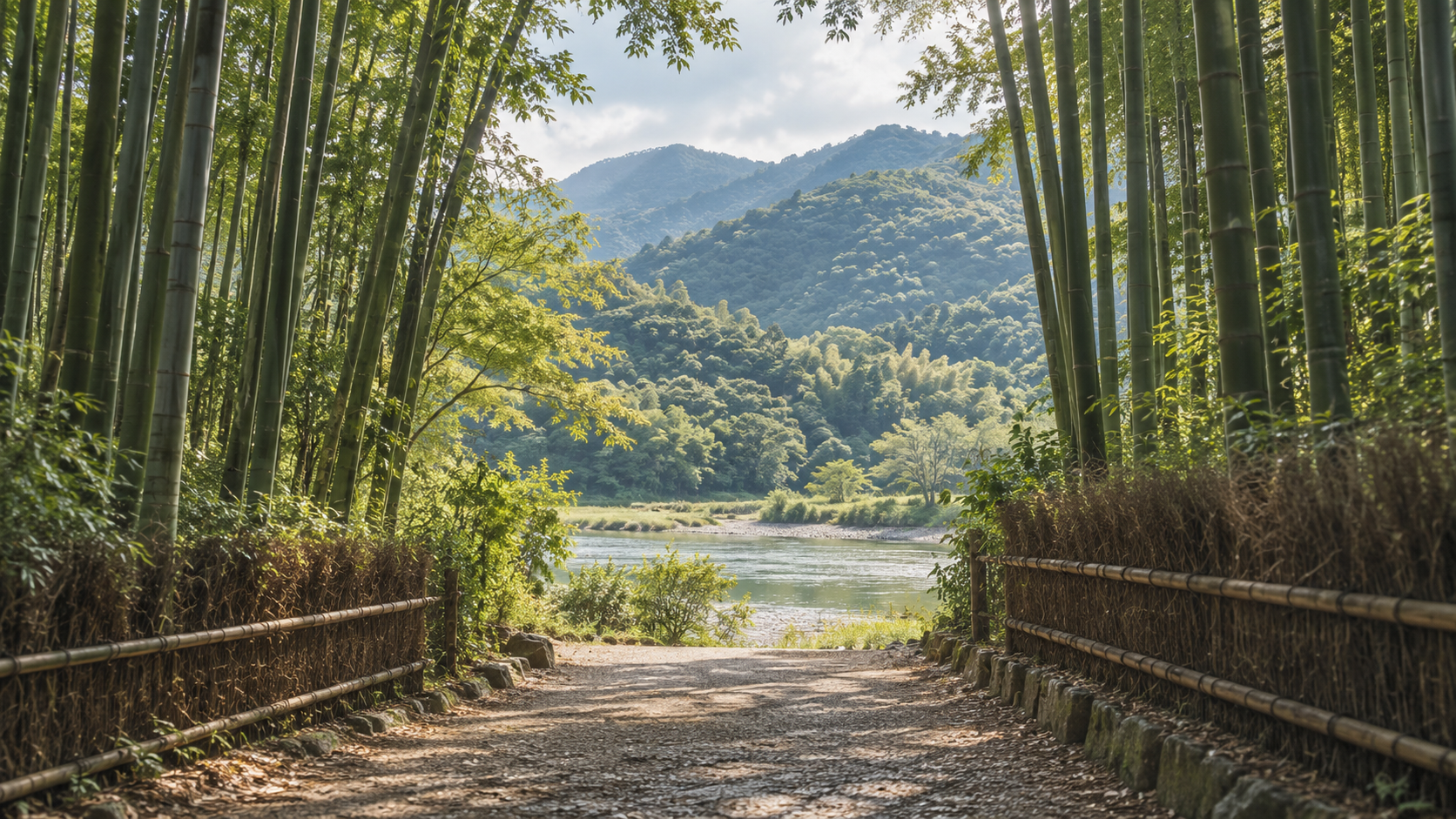 嵐山の自然をイメージした竹林と川の風景(AI生成)