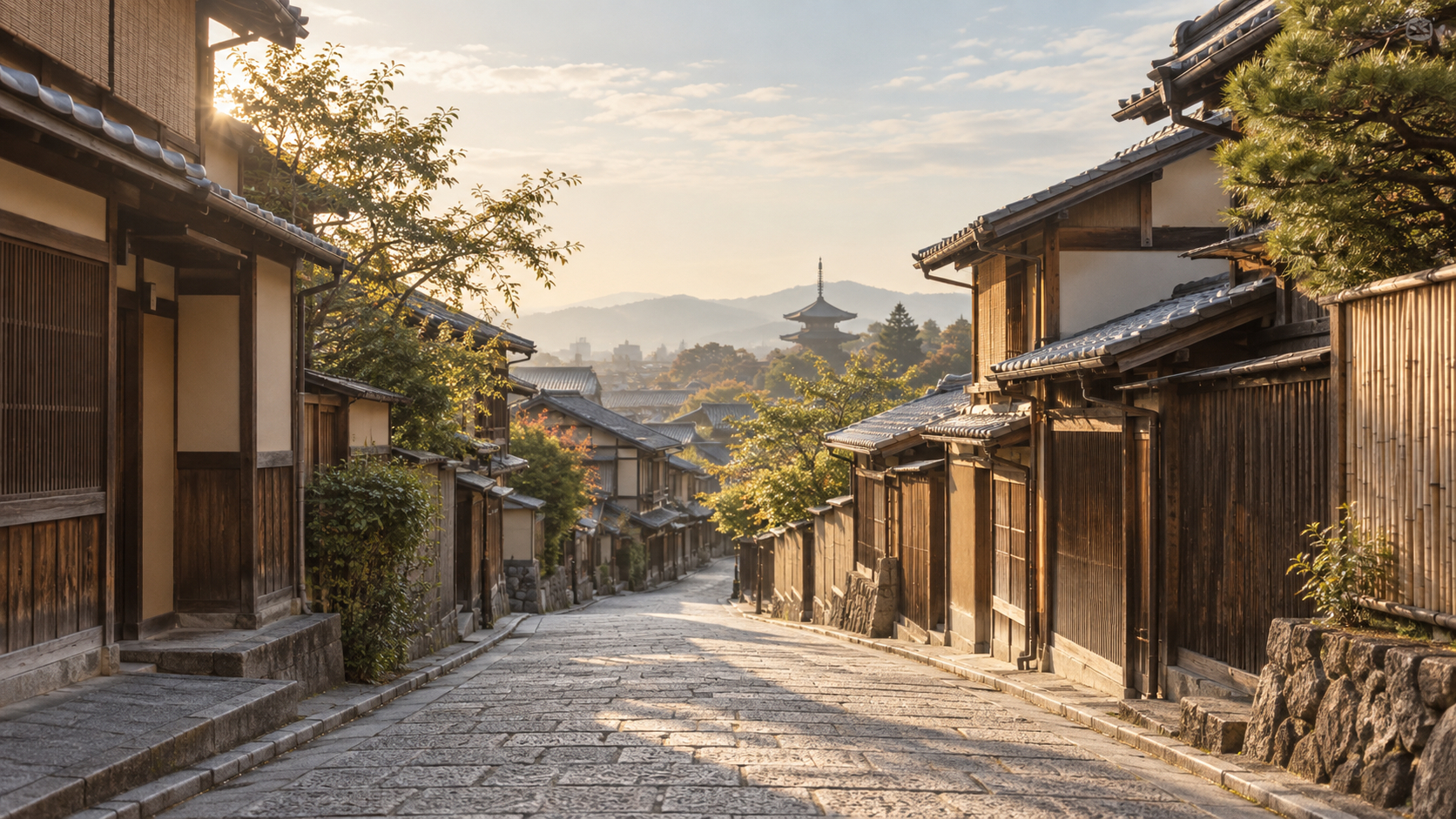 東山の町歩きをイメージした朝の石畳の坂道(AI生成)