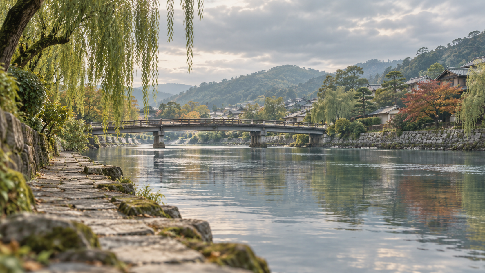 宇治の散策をイメージした川辺と橋の風景(AI生成)
