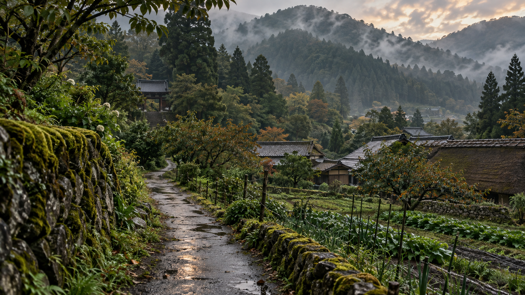 大原の山里をイメージした雨上がりの道(AI生成)