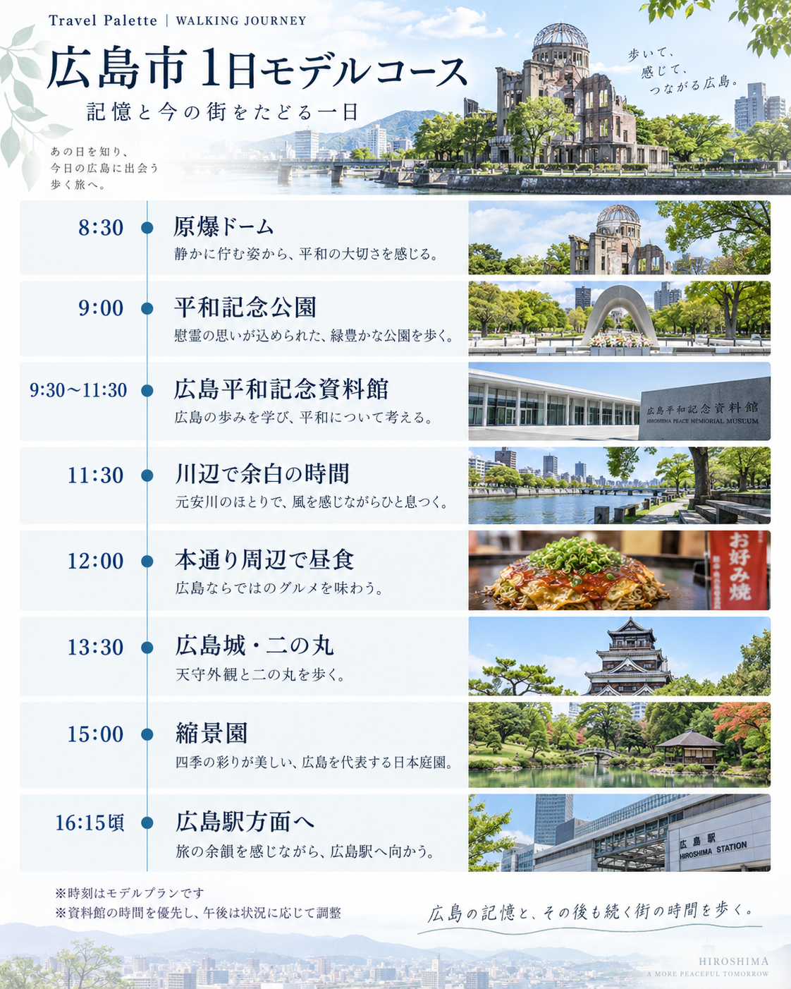 原爆ドームから平和記念公園、広島平和記念資料館、広島城、縮景園を巡る広島市の1日モデルコース