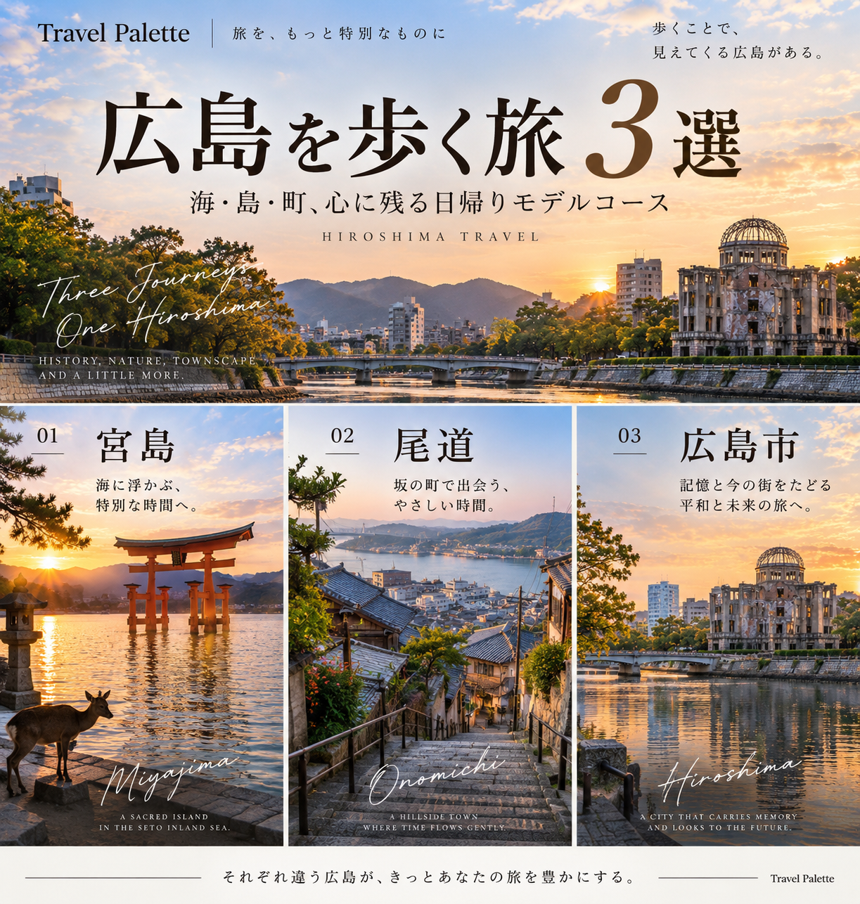 宮島・尾道・広島市の3つの景色をまとめた広島を歩く旅3選のアイキャッチ