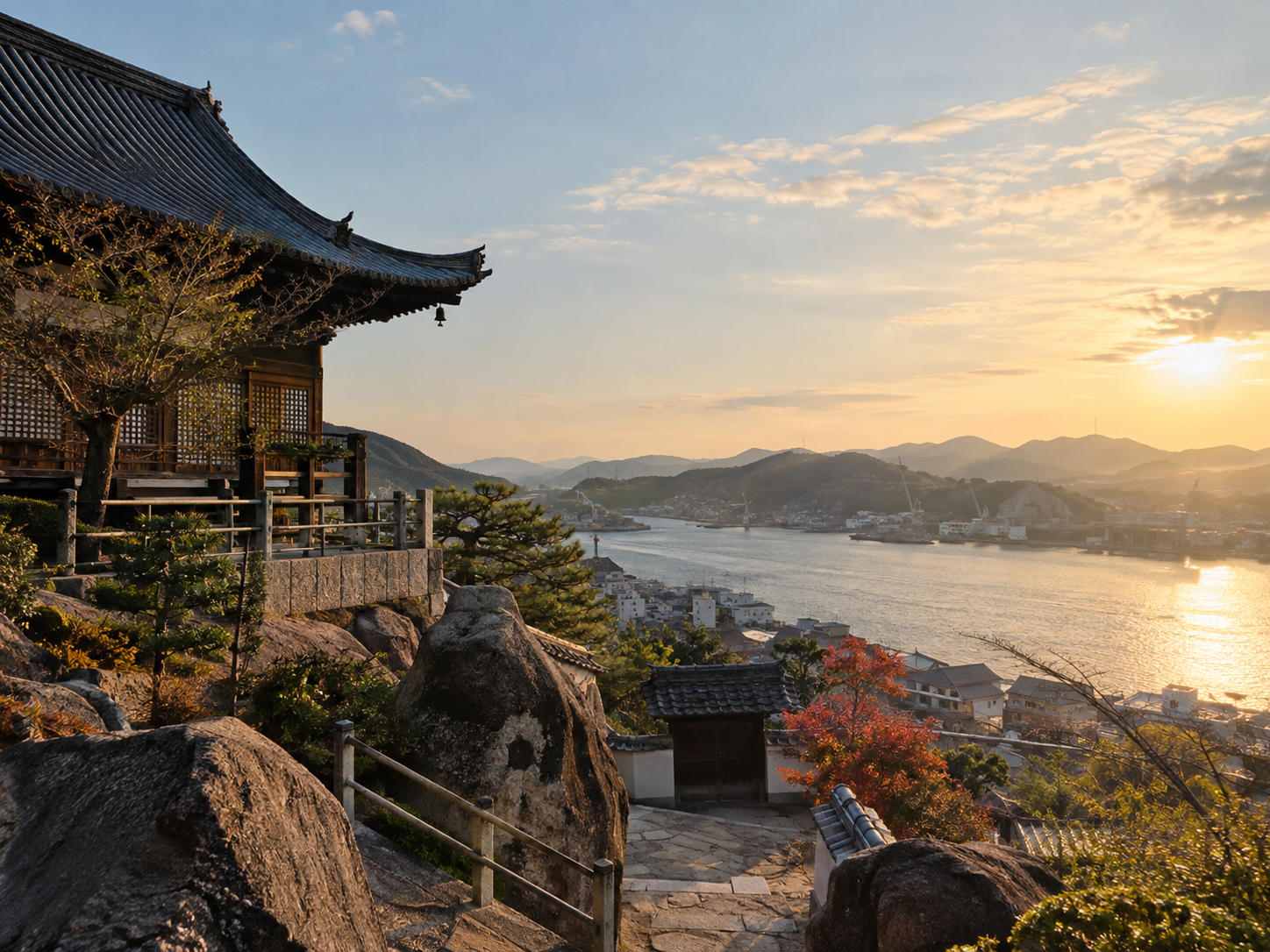 尾道の寺と海を望む夕方の風景