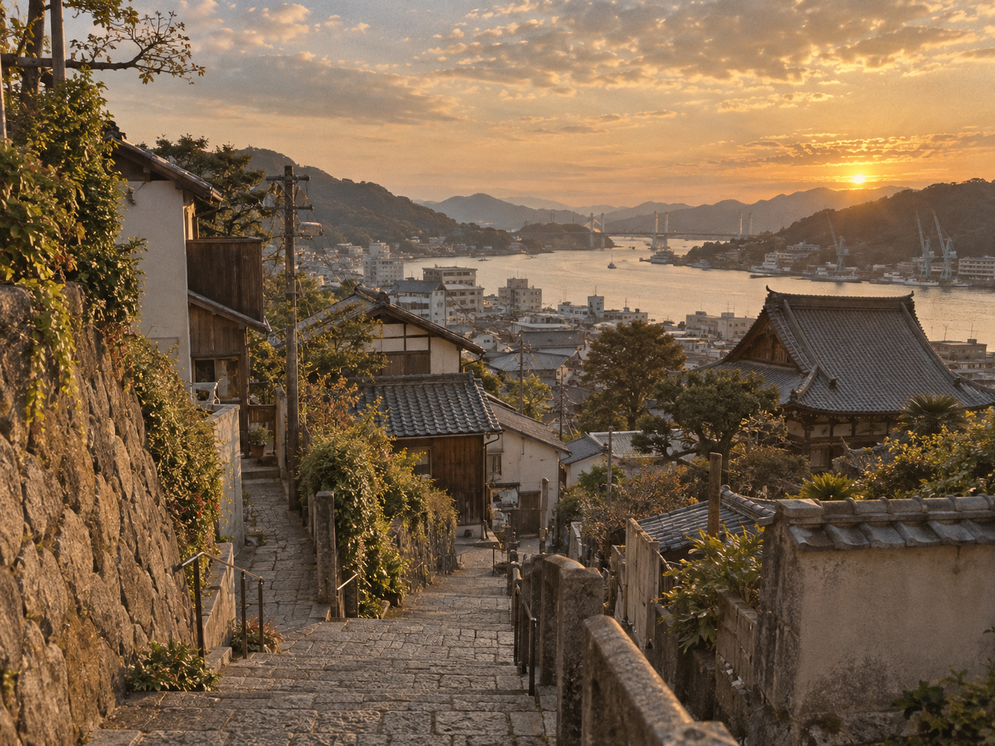 川辺から原爆ドームと現在の広島市街を望む夕景