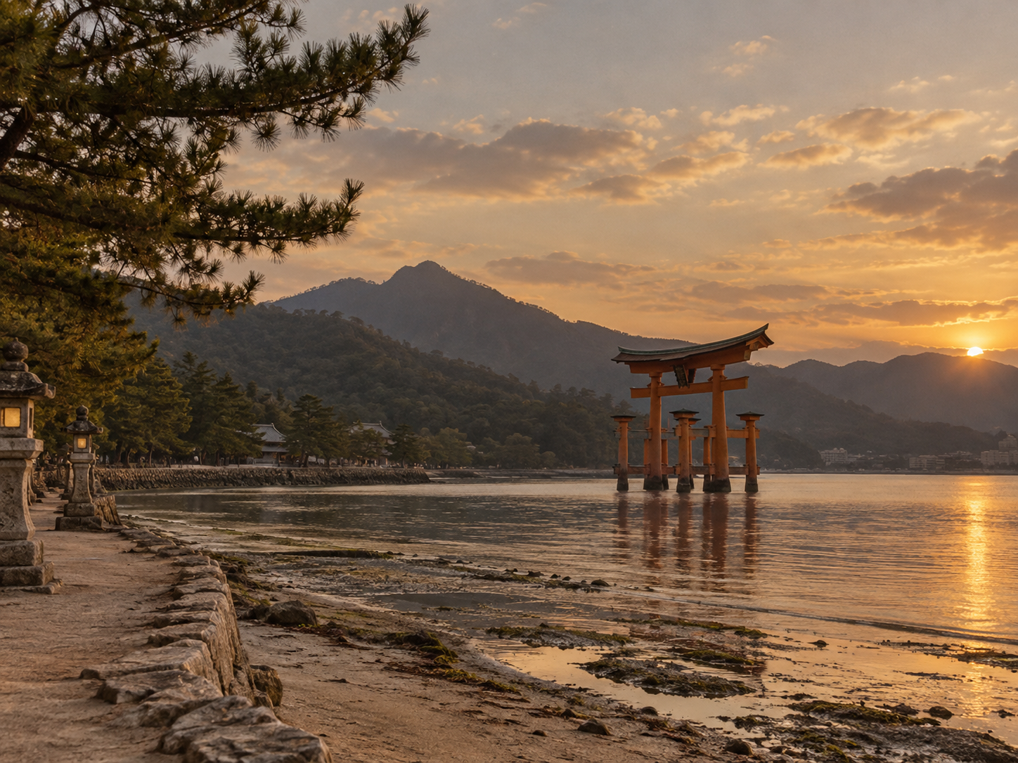 海辺から大鳥居と弥山方面を望む宮島の夕景