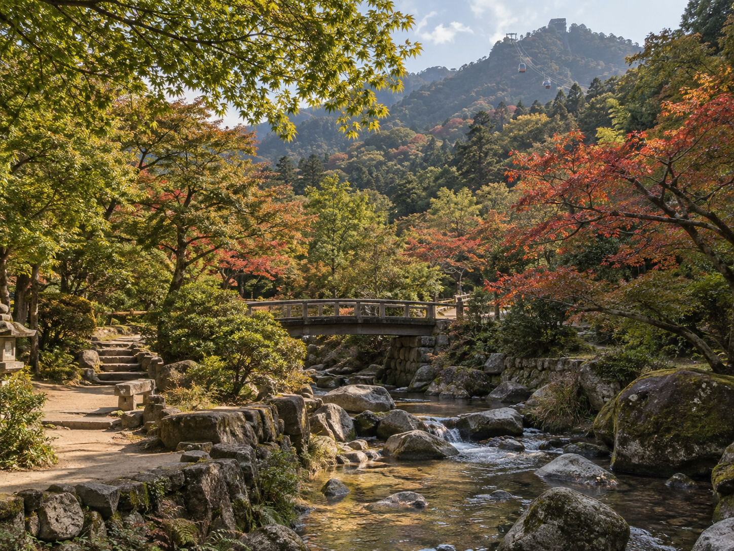 紅葉谷公園の渓流と木々の間を歩くイメージ