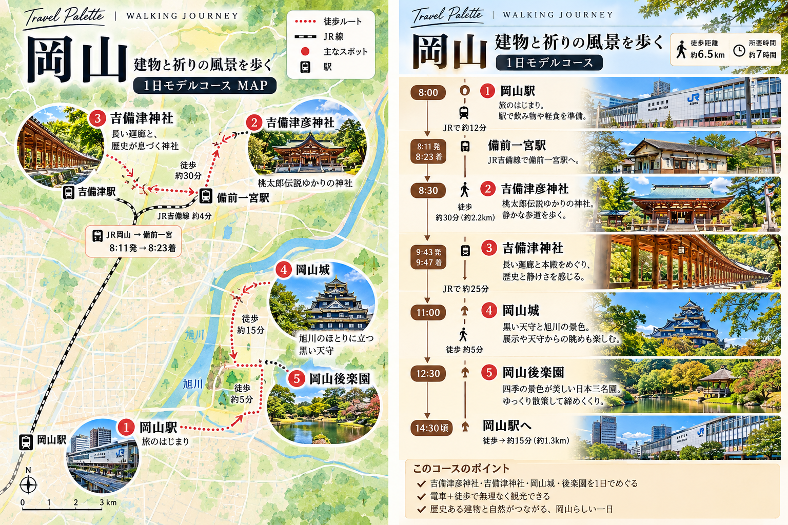 岡山を歩く1日モデルコース｜吉備津彦神社・吉備津神社・岡山城・岡山後楽園
