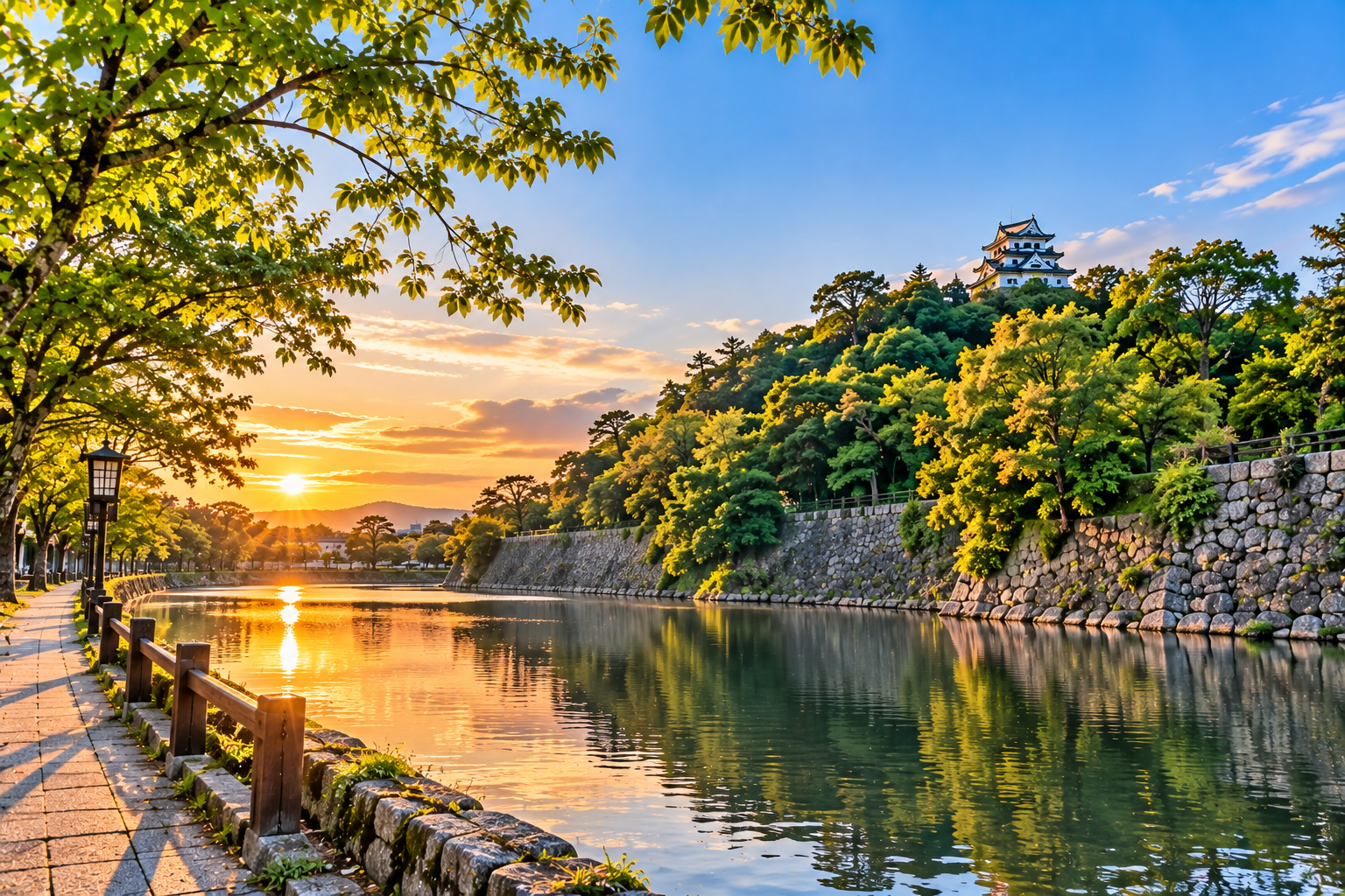 彦根城の外堀と石垣の夕景