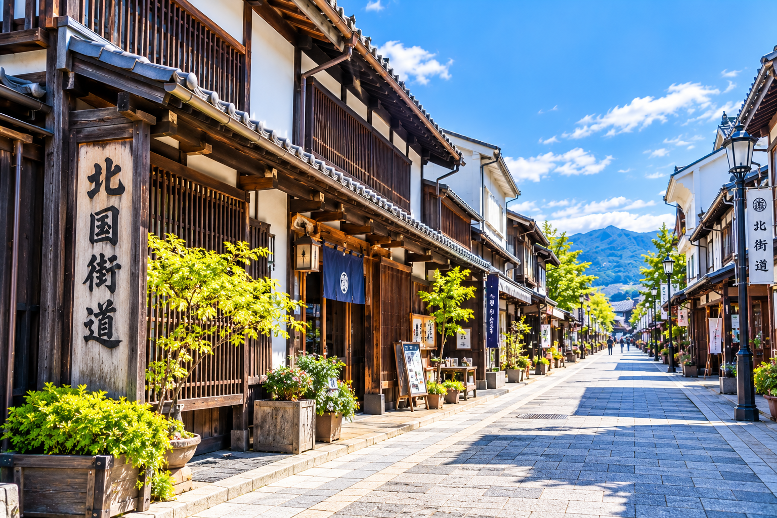 北国街道の看板と町家が並ぶ通り